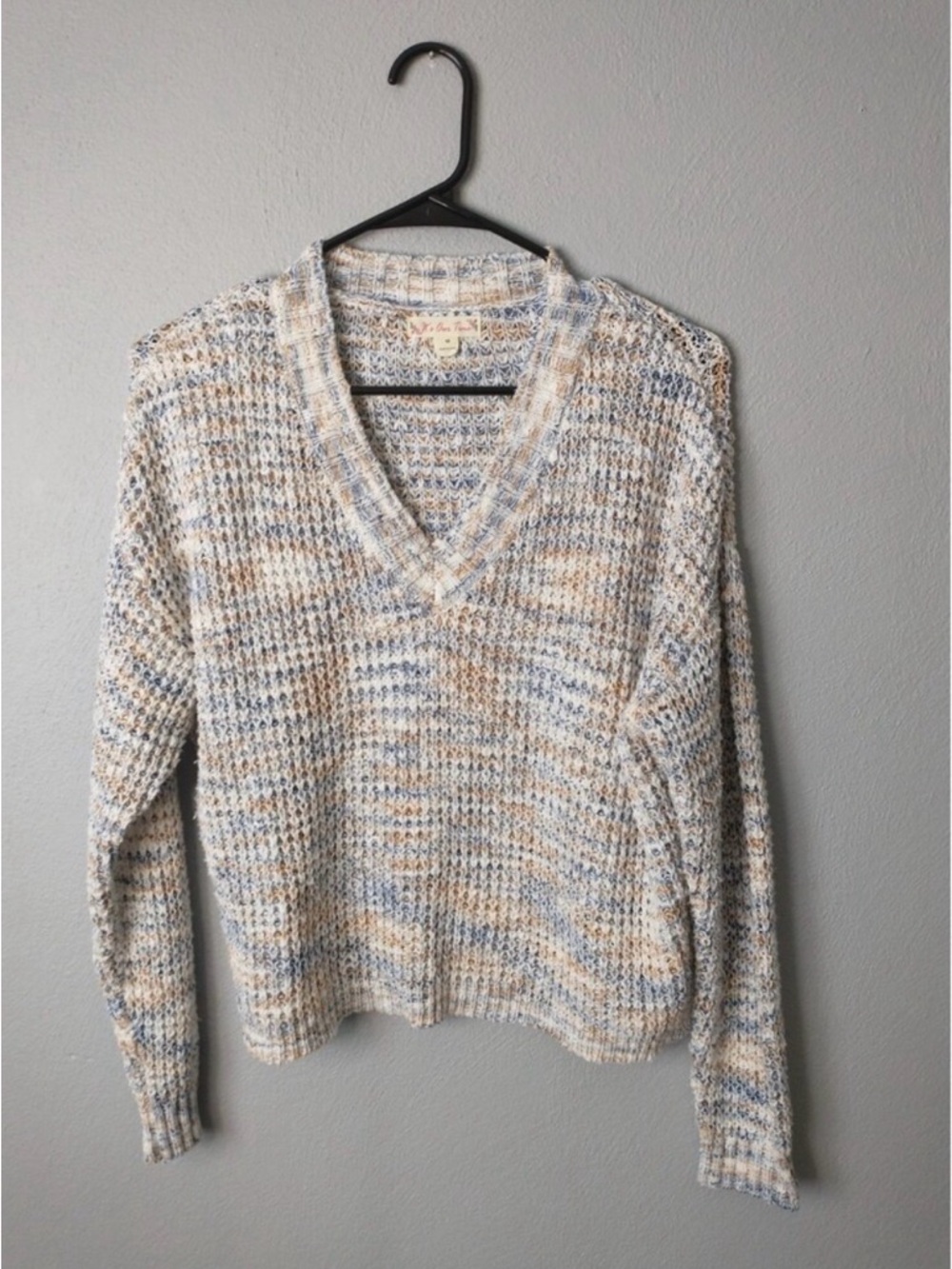 Its Our Time Confetti Chunky V Neck Sweater
 in Cream, Blue & Tan